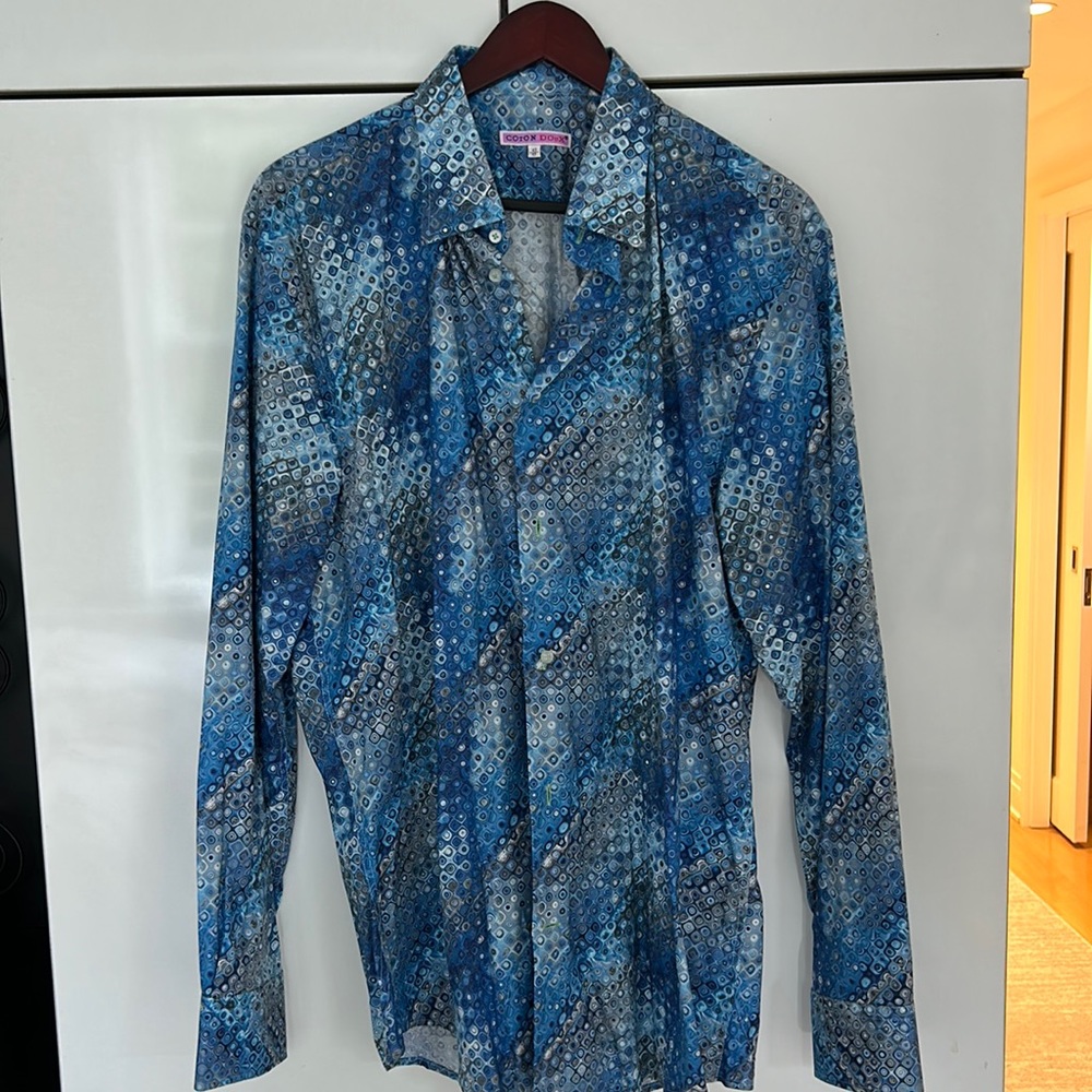 Blue stretchy cotton button down shirt, neck size 17
